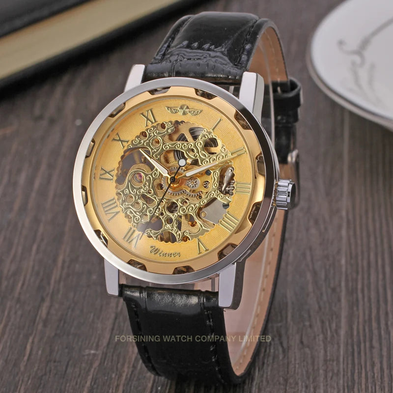 High quality Winner Gold Male Clock Transparent Skeleton Mechanical Watches for men Luxury Luminous Leather manual Wristwatch