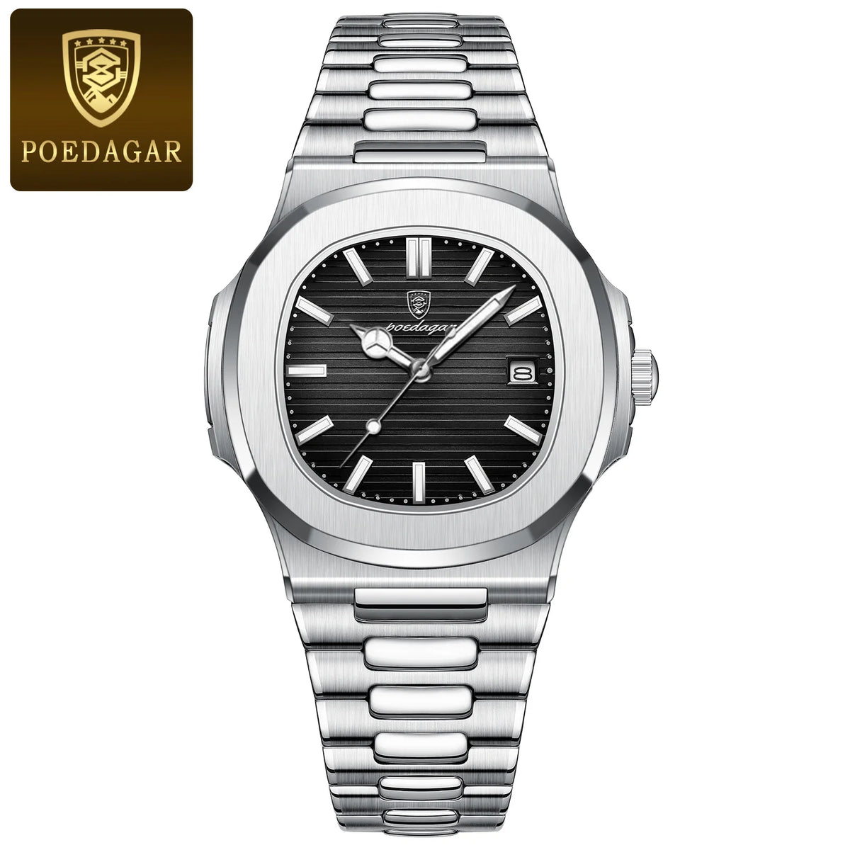 POEDAGAR Luxury Man Wristwatch Business Stainless Steel Quartz Men Watch Waterproof Luminous Date Square Men's Watches Clock+Box