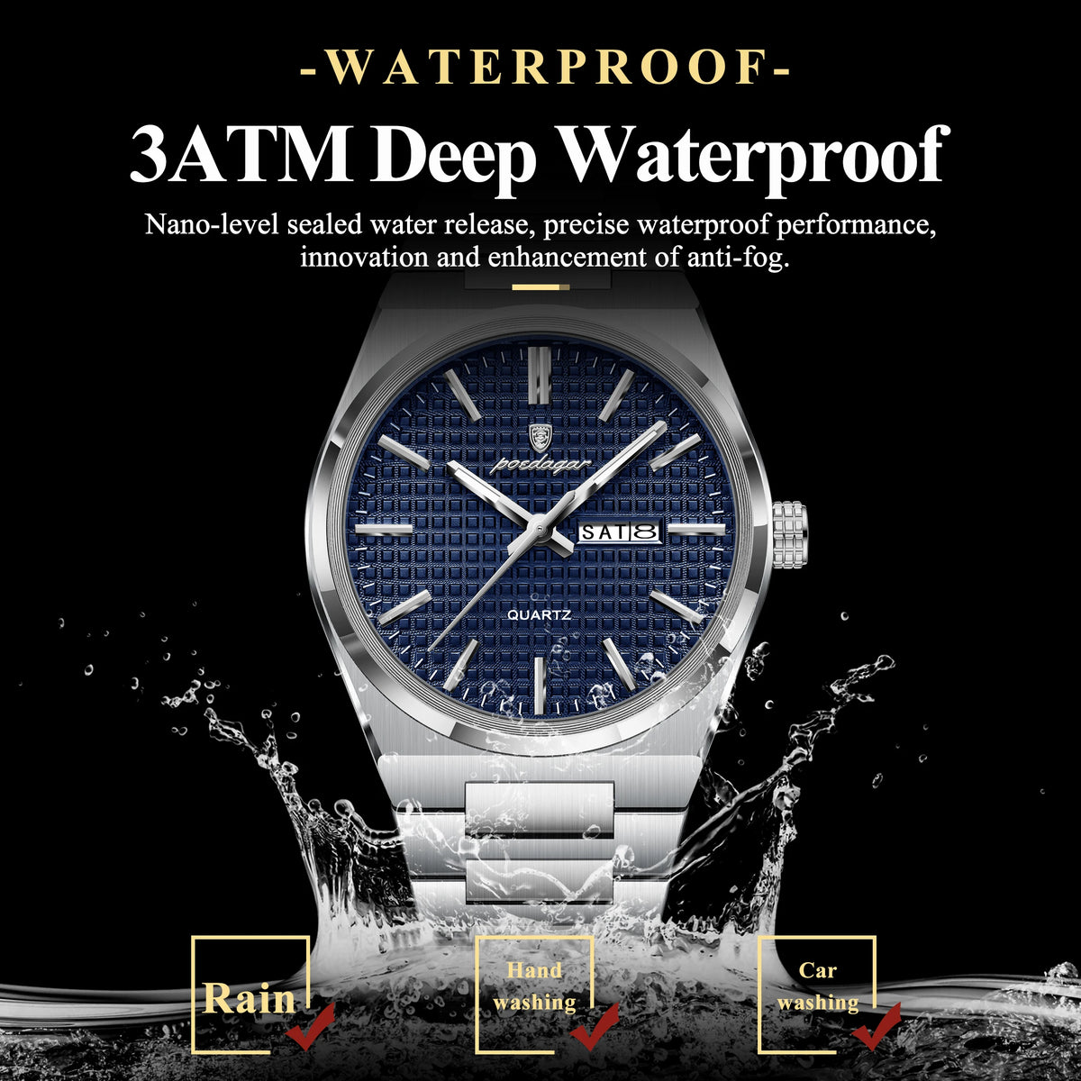 POEDAGAR Youth Fashion Men Clock Luminous Waterproof Stainless Steel Men's Watch Date Week Business Quartz Watches For Man Reloj