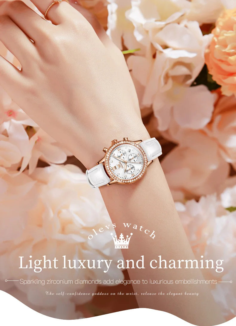 OLEVS 9933 Women' Watches Luxury Brand Diamond Quartz Wristwatch Waterproof Luminous   Leather Strap Multifunction Ladies Watch