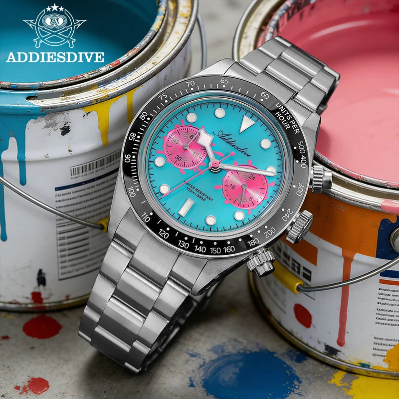ADDIESDIVE Watches AD2520 Men VK64 Quartz Chronograph Watch Luminous Ceramic Bezel 40mm Bubble Glass 100m Waterproof Wristwatch