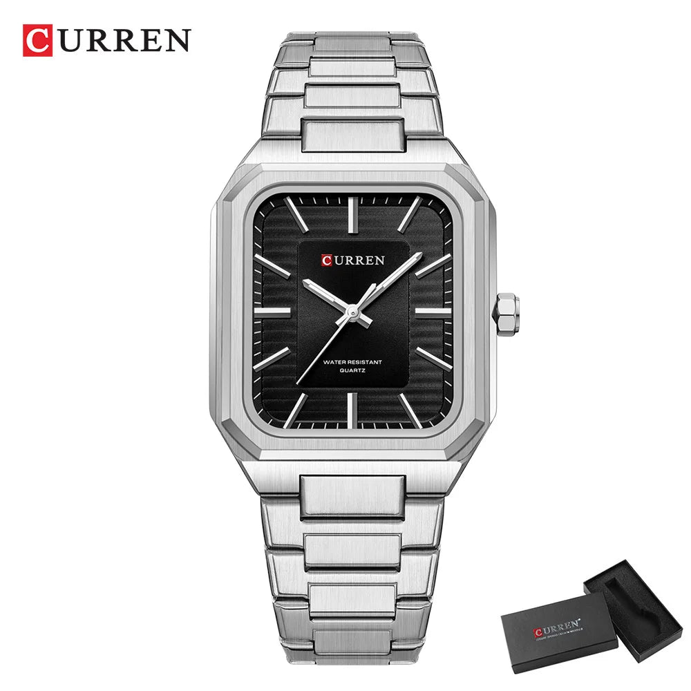 CURREN NEW Stainless Steel Strap Vintage Rectangle Dial Quartz Watches for Men Luminous Hands Waterproof