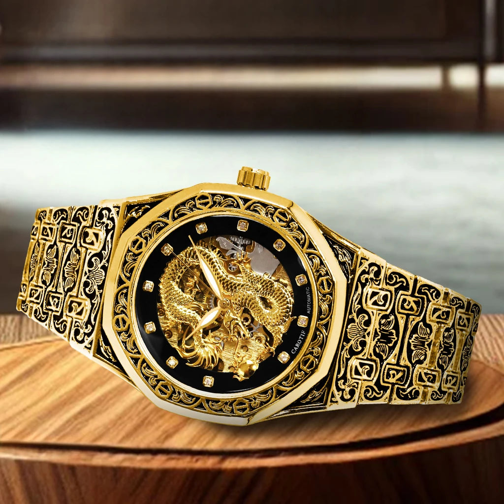 New Men's Watch with Gold Steel Strip, Business Style, Exquisite Carving Pattern, Big Golden Dragon Night Light Mechanical Watch