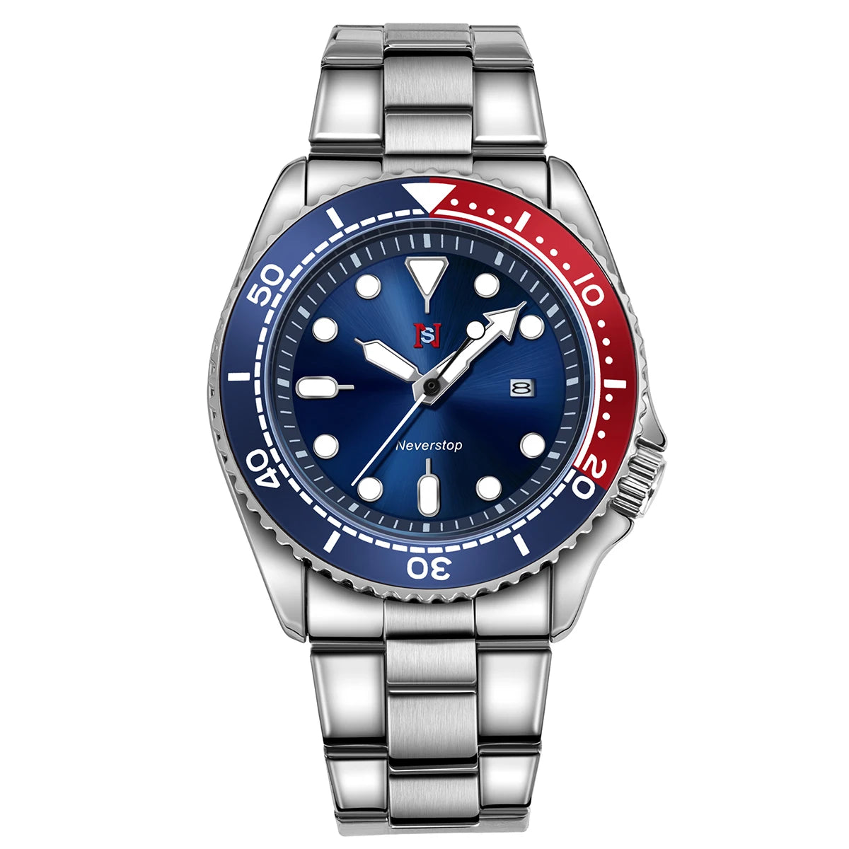 NS Mens Sports Watch | Multi-Color High-Contrast Dial and Markers Ceramic Bezel Stainless Steel Band Versatile Style