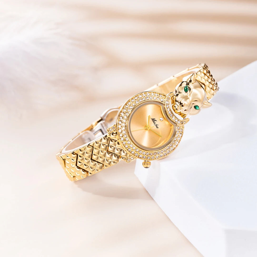 MISSFOX Leopard 3D Bling Diamond Quartz Women Watch Fashion Casual Ladies Watch Female Quartz Gold Watch Jewelry Women Clock