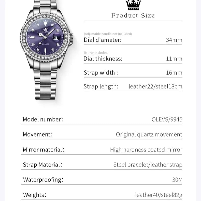 OLEVS 9945 Women's Watches Elegant Purple Full Diamond Dial Solid Stainless Steel Auto Date Waterproof Quartz Watch for Women