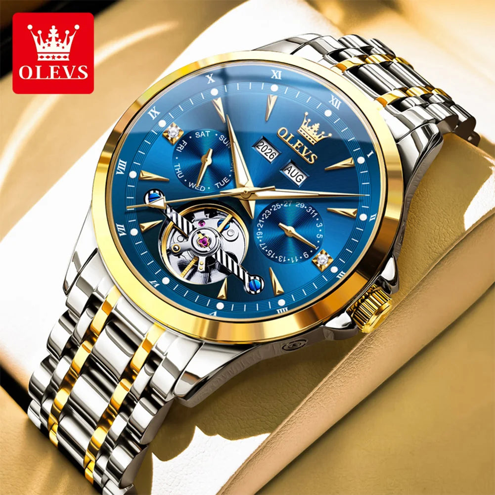 OLEVS 7091 Automatic Men's Watches Skeleton Flywheel Dual Calendar Stainless Steel Waterproof Luminous Mechanical Watch For Man