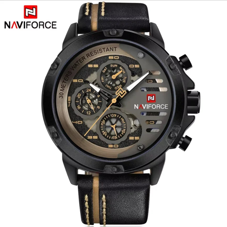 NAVIFORCE Men's Sports 24H Display Date Calendar Waterproof Watch Luminous Genuine Leather Strap Quartz Wristwatch Reloj Hombre