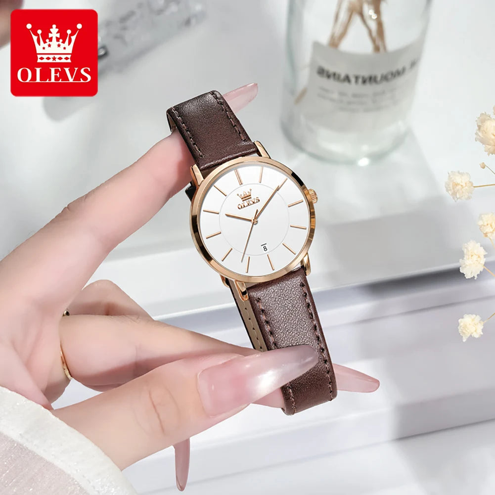 OLEVS 5869 Woman Watch Ultra Thin Waterproof Original Quartz Watch for Women Minimalist Elegant Leather Strap Ladies Wrist Watch