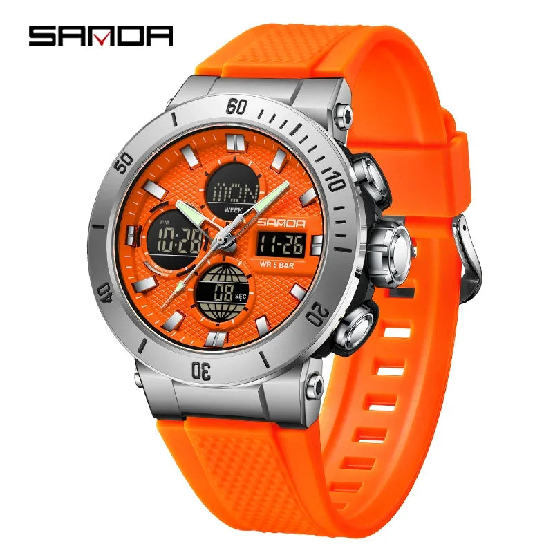 SANDA Chic Sport Men's Watch Orange Silicone Strap Luxury Waterproof Chronograph Quartz Wristwatches Digital Date and Week Clock