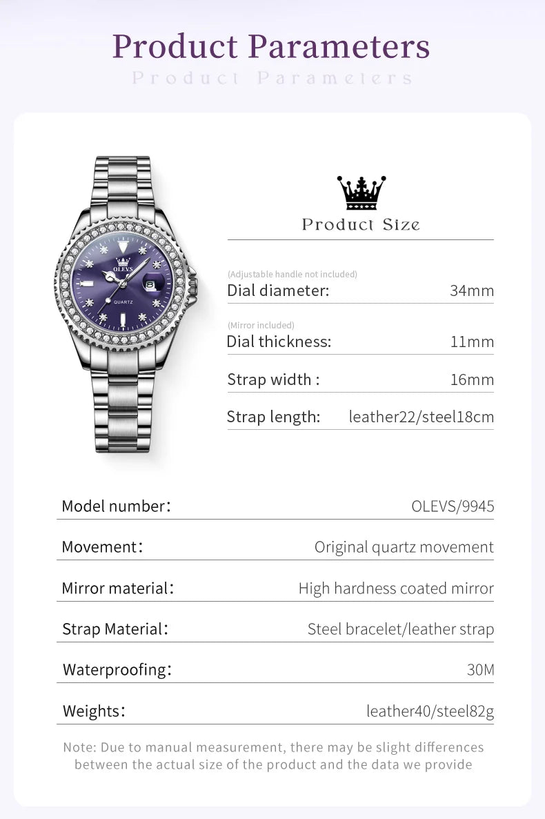 OLEVS 9945 Women's Watches Elegant Purple Full Diamond Dial Solid Stainless Steel Auto Date Waterproof Quartz Watch for Women