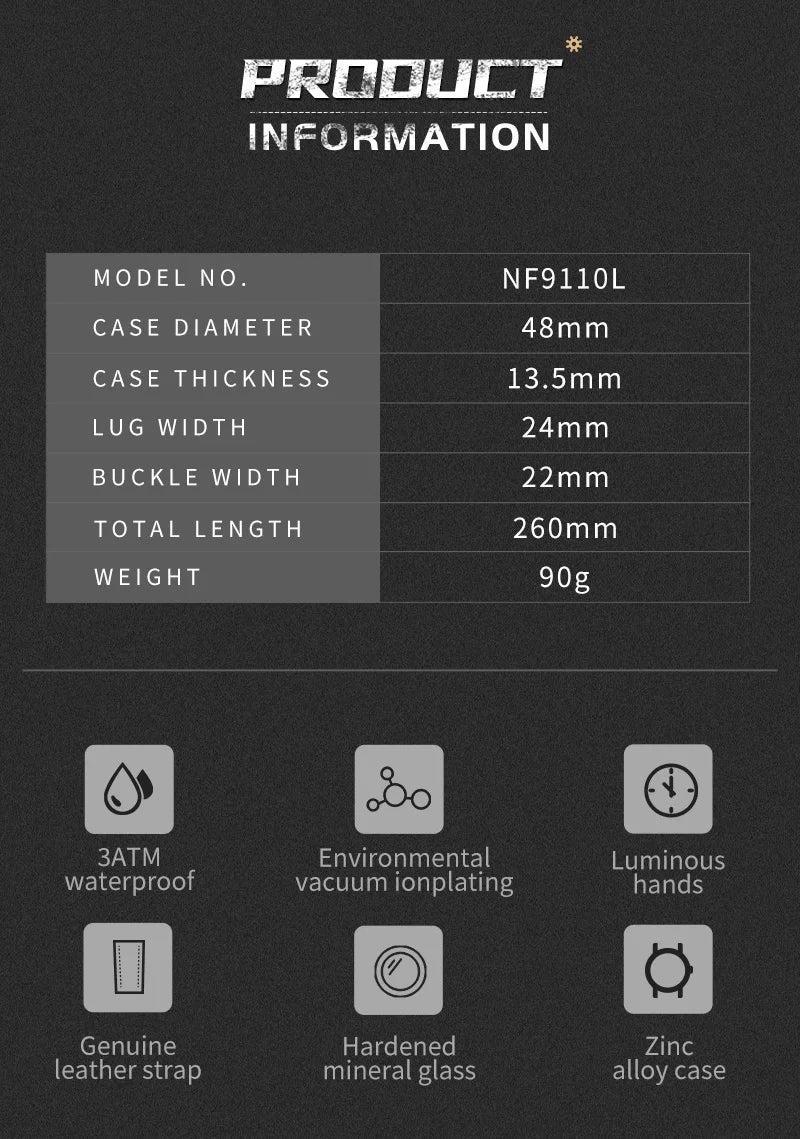 NAVIFORCE Men's Sports 24H Display Date Calendar Waterproof Watch Luminous Genuine Leather Strap Quartz Wristwatch Reloj Hombre