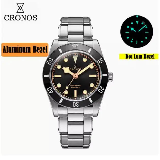 CRONOS Men Automatic Watch 37mm Mechanical Wristwatch Sapphire Diver 20ATM Waterproof BGW-9 Luminous PT5000 SW200 Mov.