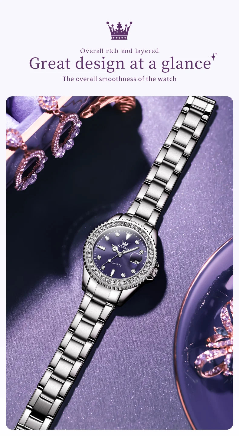 OLEVS 9945 Women's Watches Elegant Purple Full Diamond Dial Solid Stainless Steel Auto Date Waterproof Quartz Watch for Women