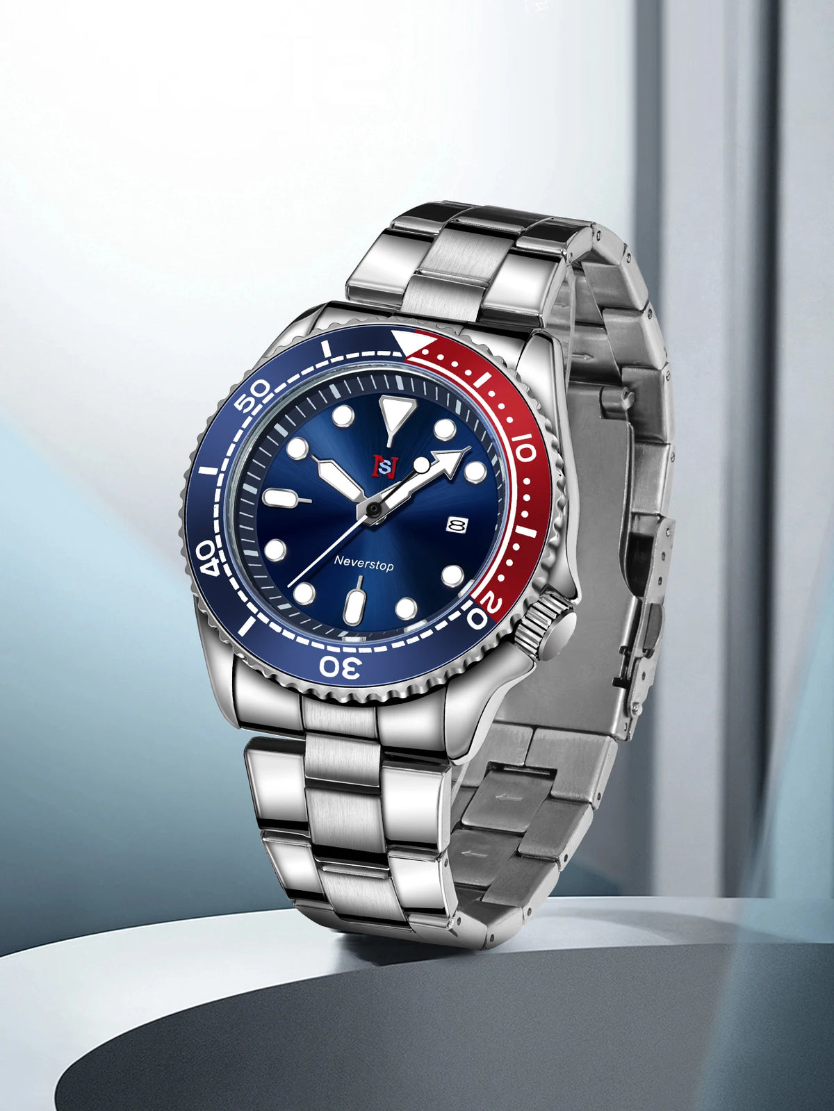 NS Mens Sports Watch | Multi-Color High-Contrast Dial and Markers Ceramic Bezel Stainless Steel Band Versatile Style