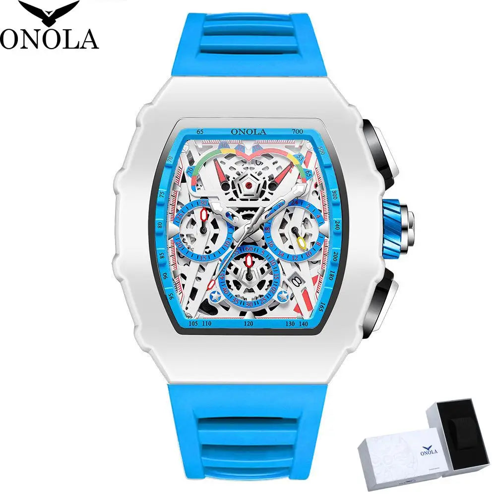 Gift Box for Man ONOLA 6827GM Trend White Quartz Wristwatch Silicone Strap Chronograph Luminous Waterproof Men Watch