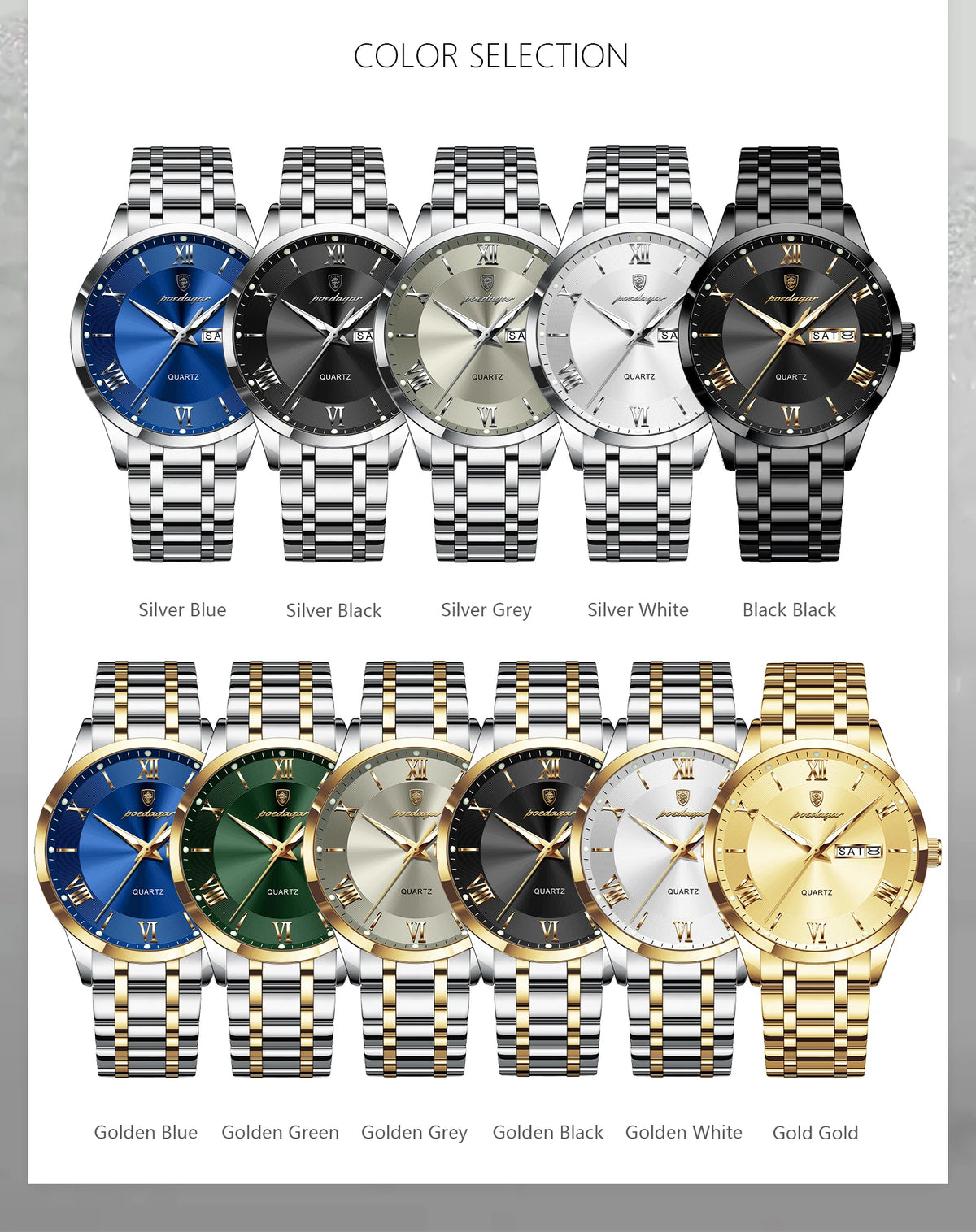 POEDAGAR Business Sports Man Wristwatch Waterproof Luminous Week Date Fashion Men's Clock Stainless Steel Quartz Watches For Men