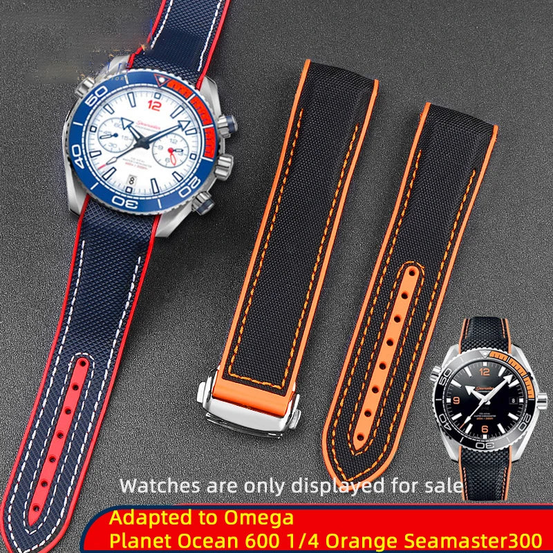 For Omega Planet Ocean 600 nylon strap 22mm AT150/007 quarter orange Seamaster 300 rubber strap curved waterproof men's bracelet