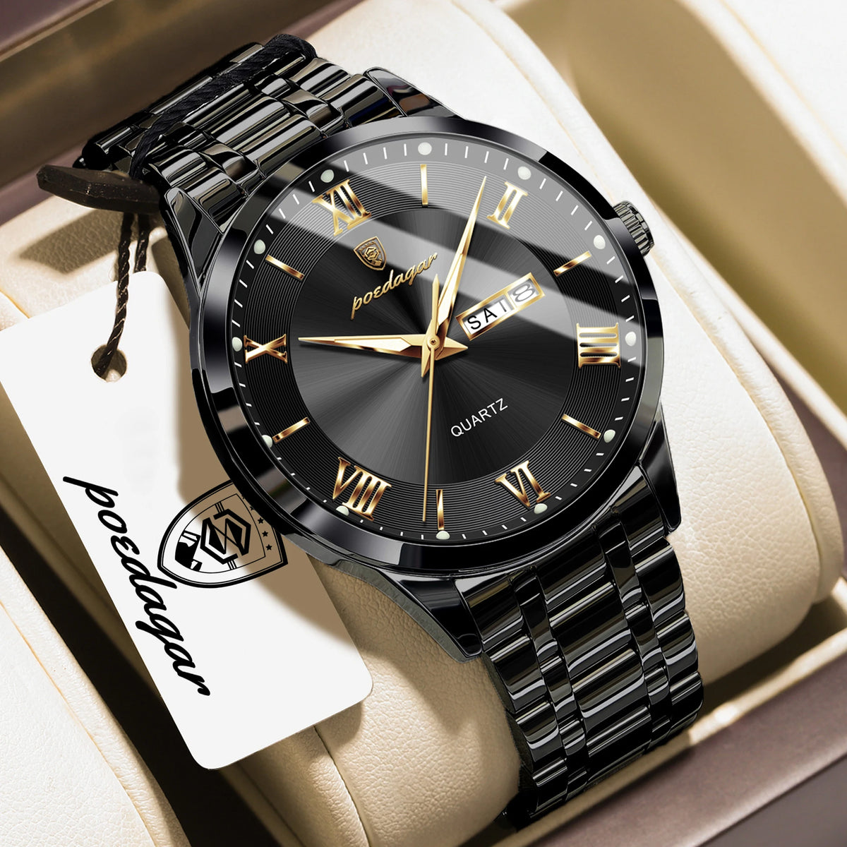 POEDAGAR Business Sports Man Wristwatch Waterproof Luminous Week Date Fashion Men's Clock Stainless Steel Quartz Watches For Men