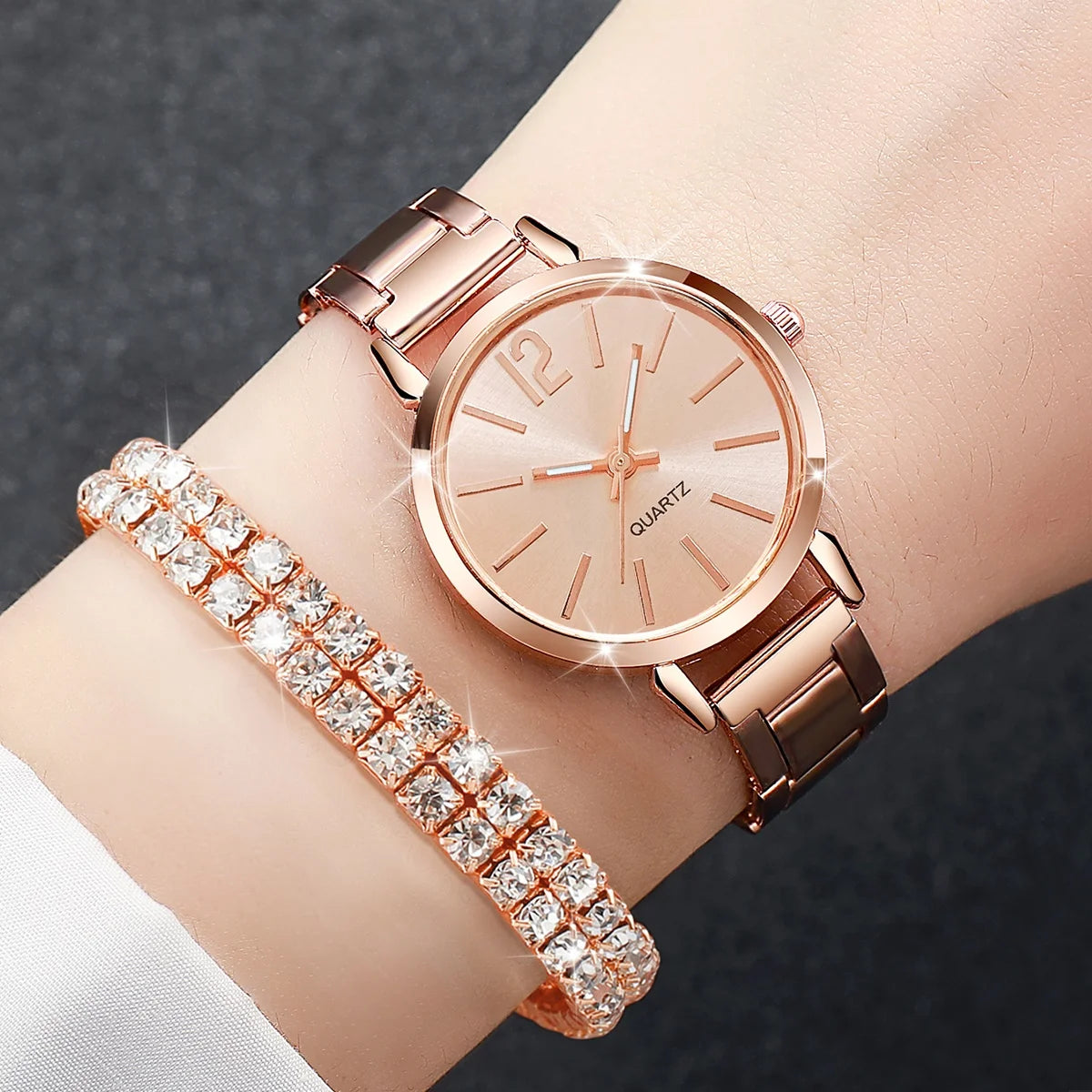 6PCS/Set Women's Watch Fashion Steel Band Quartz Watches Diamond Bracelets Set（Without Box）