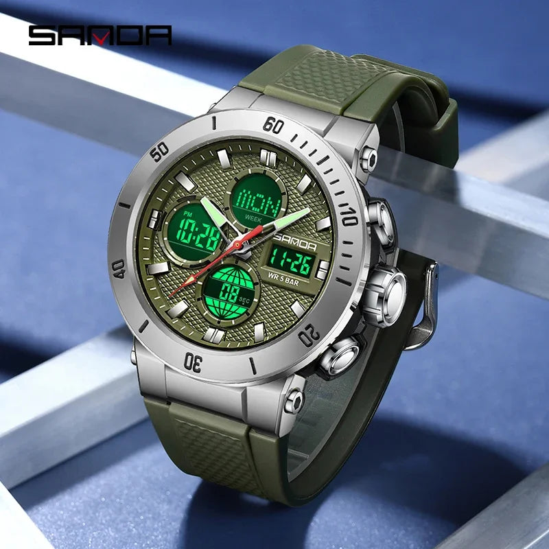 SANDA Chic Sport Men's Watch Orange Silicone Strap Luxury Waterproof Chronograph Quartz Wristwatches Digital Date and Week Clock