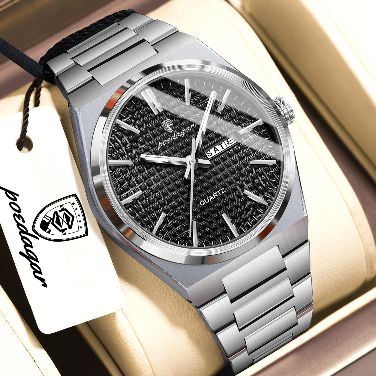 POEDAGAR Youth Fashion Men Clock Luminous Waterproof Stainless Steel Men's Watch Date Week Business Quartz Watches For Man Reloj