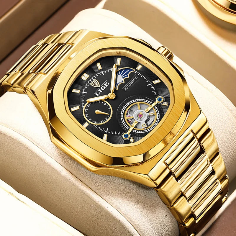 LIGE Mens Mechanical Watches Top Brand Luxury Square Automatic Watch For Men Waterproof Stainless Steel Clock Gift Montre Homme