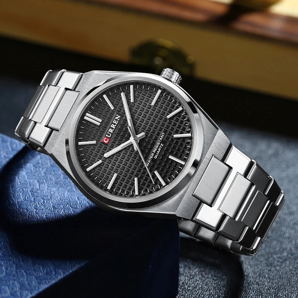 CURREN 8439 Men's Business Quartz Watch Minimalist Grid-Pattern Stainless Steel Strap Wristwatch with  Calendar Function
