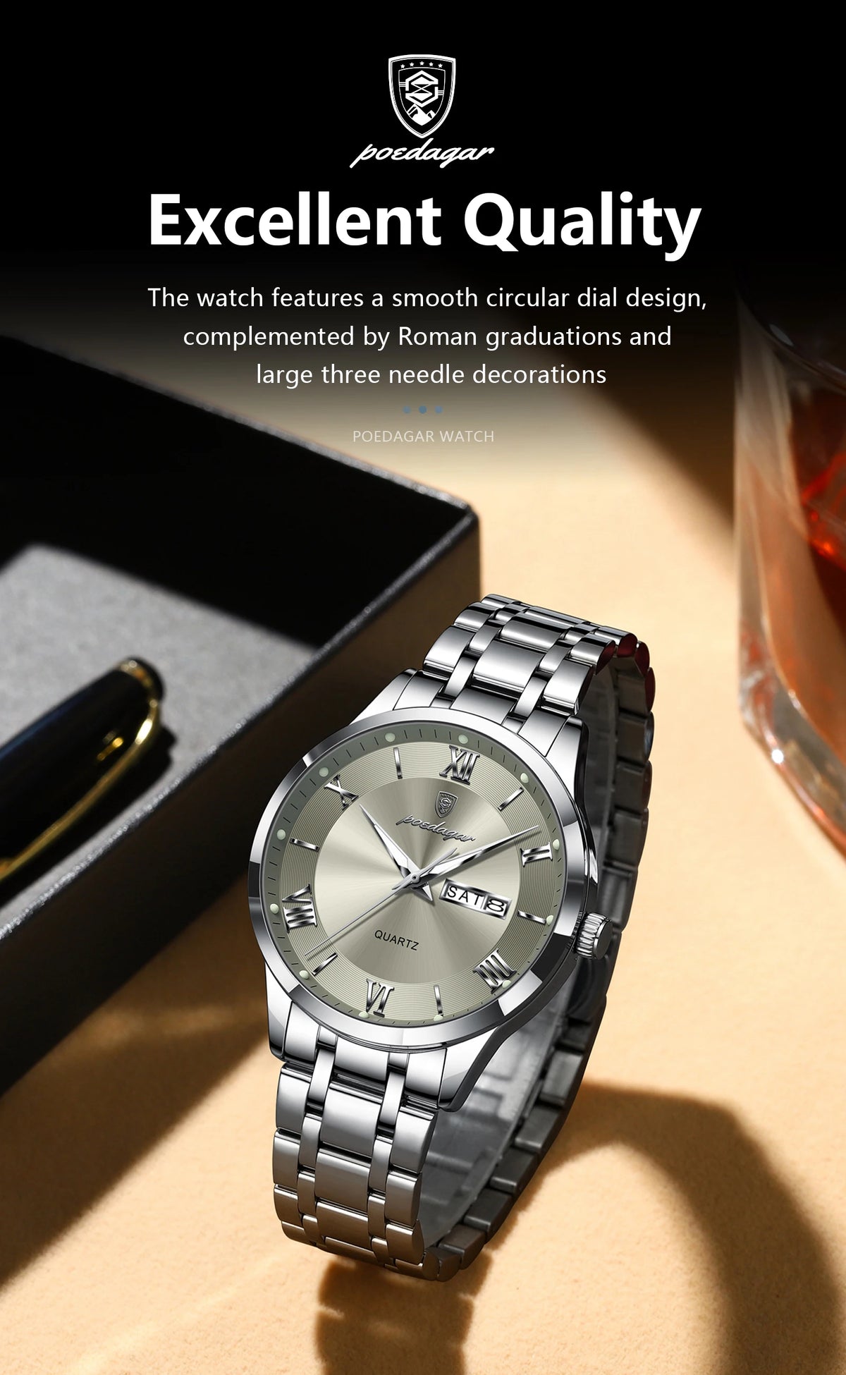 POEDAGAR Business Sports Man Wristwatch Waterproof Luminous Week Date Fashion Men's Clock Stainless Steel Quartz Watches For Men