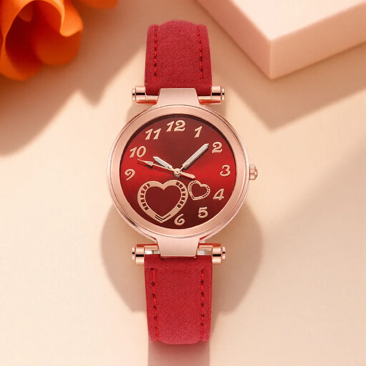 Women Fashion Watch Peach Heart Quartz Watch for Women Frosted Leather Strap Ladies Wristwatch Casual Dress Watch Gift for Her