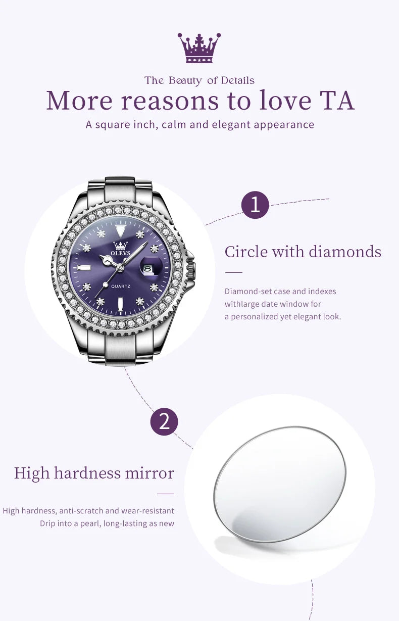 OLEVS 9945 Women's Watches Elegant Purple Full Diamond Dial Solid Stainless Steel Auto Date Waterproof Quartz Watch for Women