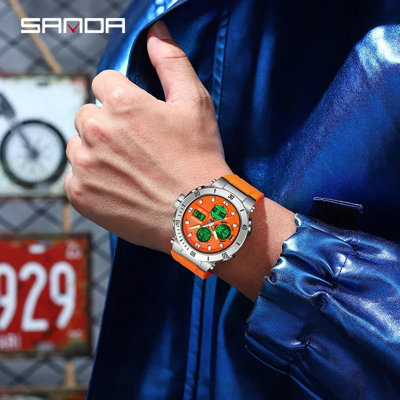 SANDA Chic Sport Men's Watch Orange Silicone Strap Luxury Waterproof Chronograph Quartz Wristwatches Digital Date and Week Clock