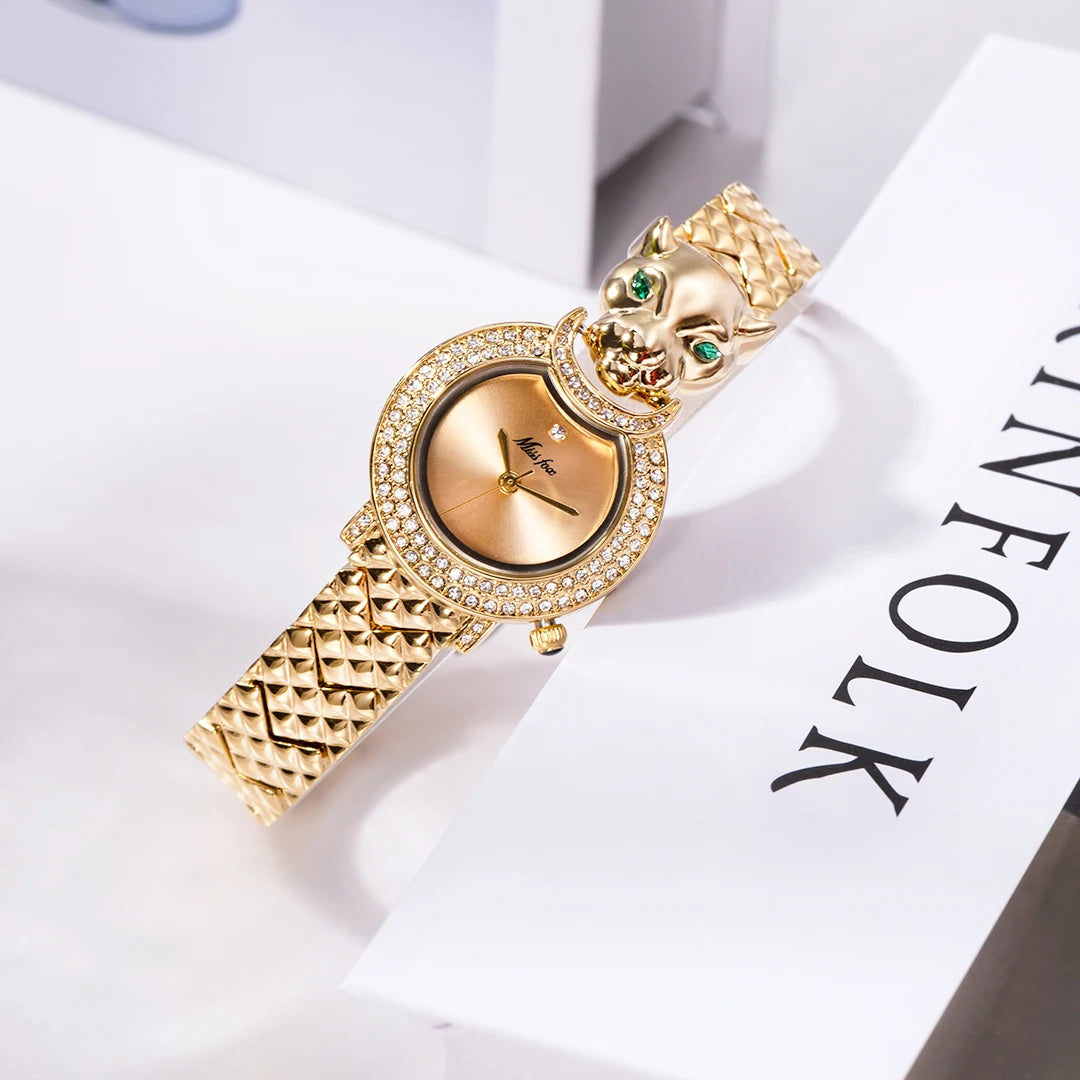 MISSFOX Leopard 3D Bling Diamond Quartz Women Watch Fashion Casual Ladies Watch Female Quartz Gold Watch Jewelry Women Clock