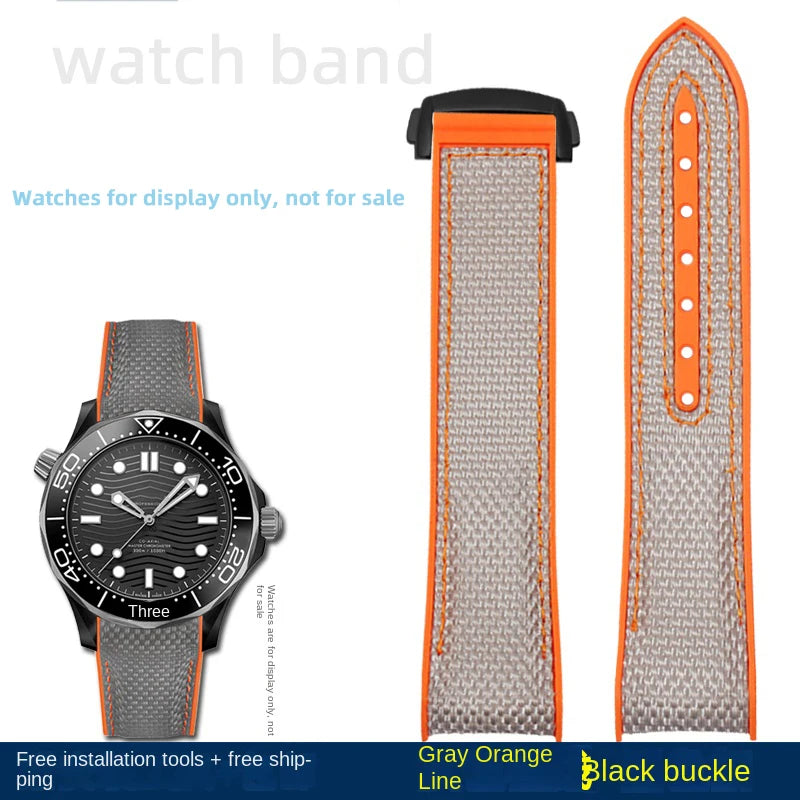 For Omega Planet Ocean 600 nylon strap 22mm AT150/007 quarter orange Seamaster 300 rubber strap curved waterproof men's bracelet