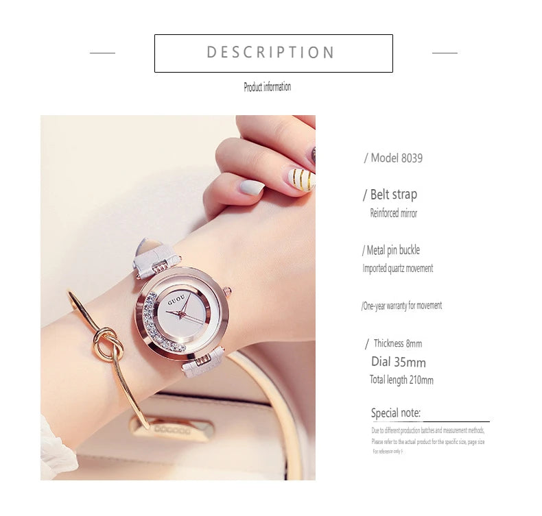Fashion GUOU Brand Women Rolling Drill Dress Watches Luxury Quicksand Casual Clock Genuine Leather Rhinestone Lady Wrist Watches