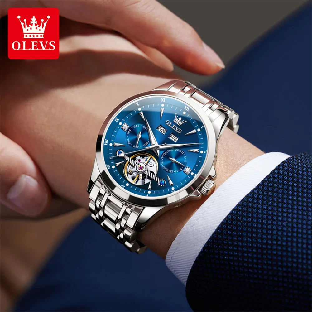 OLEVS 7091 Automatic Men's Watches Skeleton Flywheel Dual Calendar Stainless Steel Waterproof Luminous Mechanical Watch For Man
