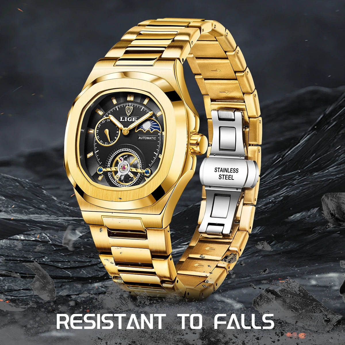 LIGE Mens Mechanical Watches Top Brand Luxury Square Automatic Watch For Men Waterproof Stainless Steel Clock Gift Montre Homme