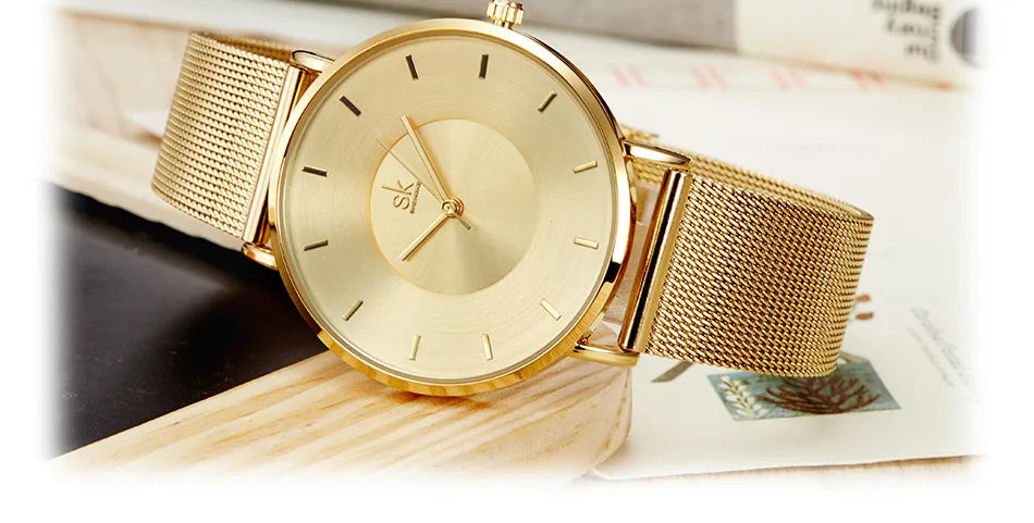 Shengke Fashion Black Watch For Women Classic Relogio Feminino Ultra Thin Quartz Watch Woman Adjustable Mesh Strap Montre Femme