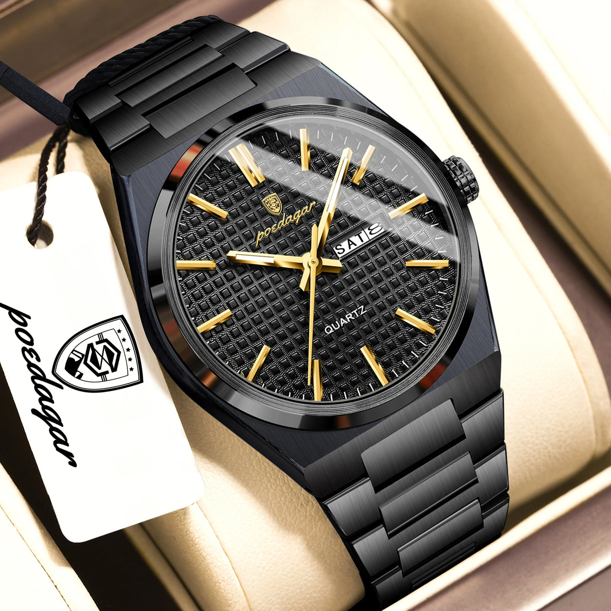 POEDAGAR Youth Fashion Men Clock Luminous Waterproof Stainless Steel Men's Watch Date Week Business Quartz Watches For Man Reloj