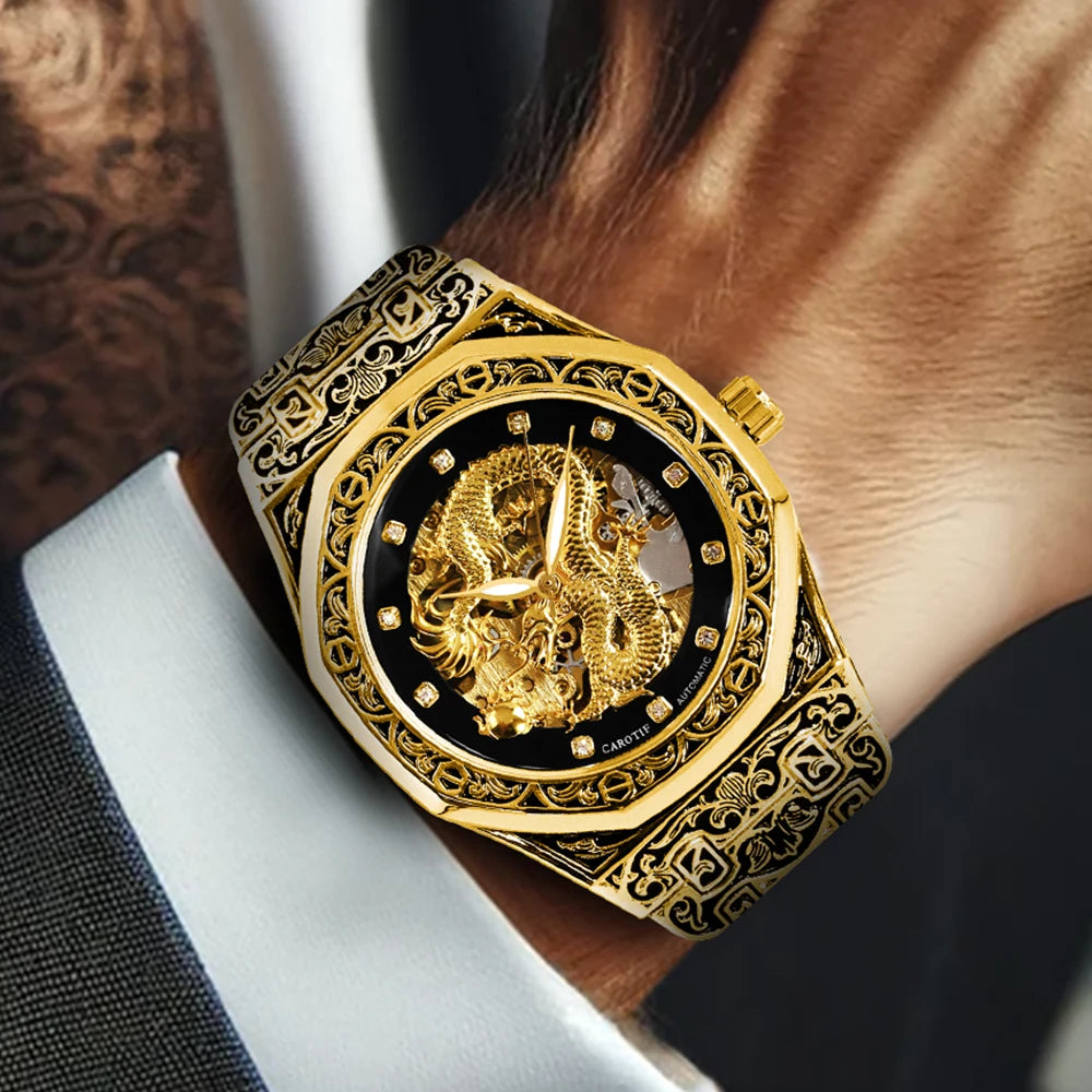 New Men's Watch with Gold Steel Strip, Business Style, Exquisite Carving Pattern, Big Golden Dragon Night Light Mechanical Watch