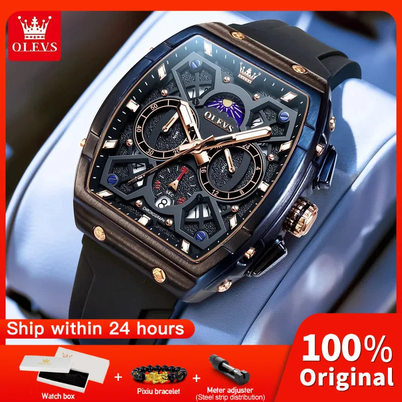 OLEVS 2942 New Mens Watch Original Quartz Watch Hollow Out Watches Waterproof Luminous Watches For Men Moon Phase Silicone Strap
