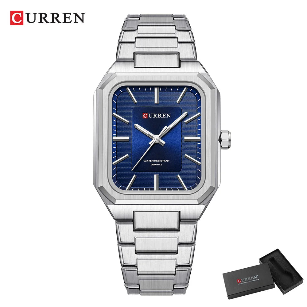 CURREN NEW Stainless Steel Strap Vintage Rectangle Dial Quartz Watches for Men Luminous Hands Waterproof