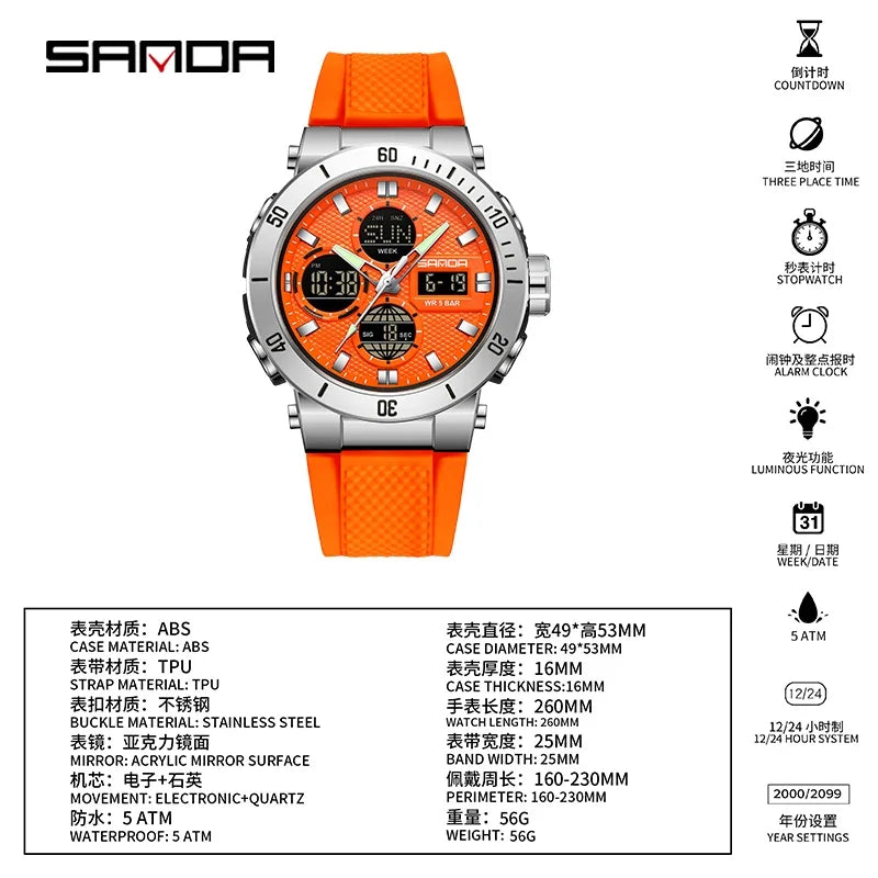 SANDA Chic Sport Men's Watch Orange Silicone Strap Luxury Waterproof Chronograph Quartz Wristwatches Digital Date and Week Clock