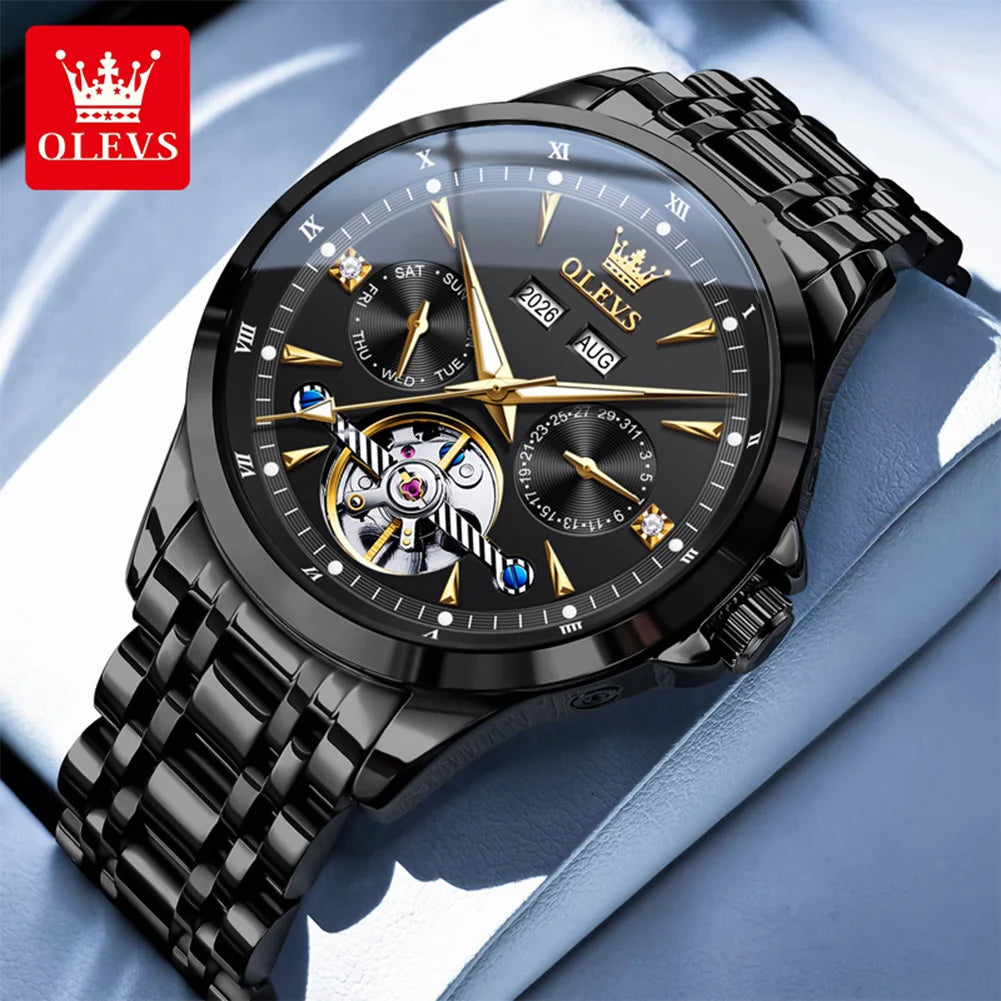 OLEVS 7091 Automatic Men's Watches Skeleton Flywheel Dual Calendar Stainless Steel Waterproof Luminous Mechanical Watch For Man