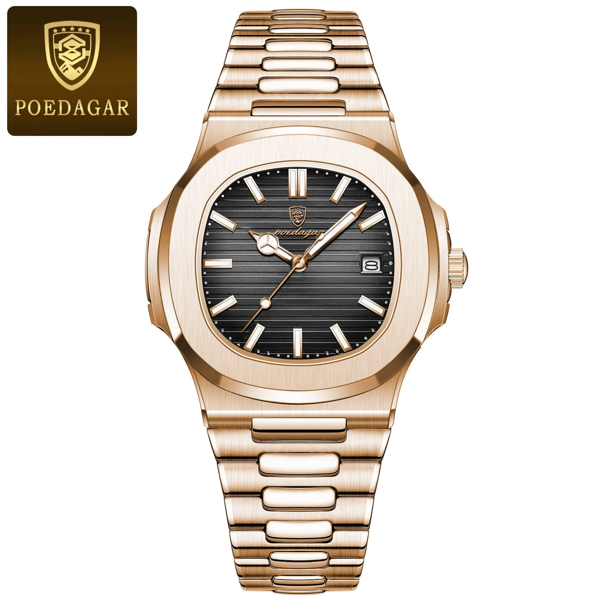 POEDAGAR Luxury Man Wristwatch Business Stainless Steel Quartz Men Watch Waterproof Luminous Date Square Men's Watches Clock+Box