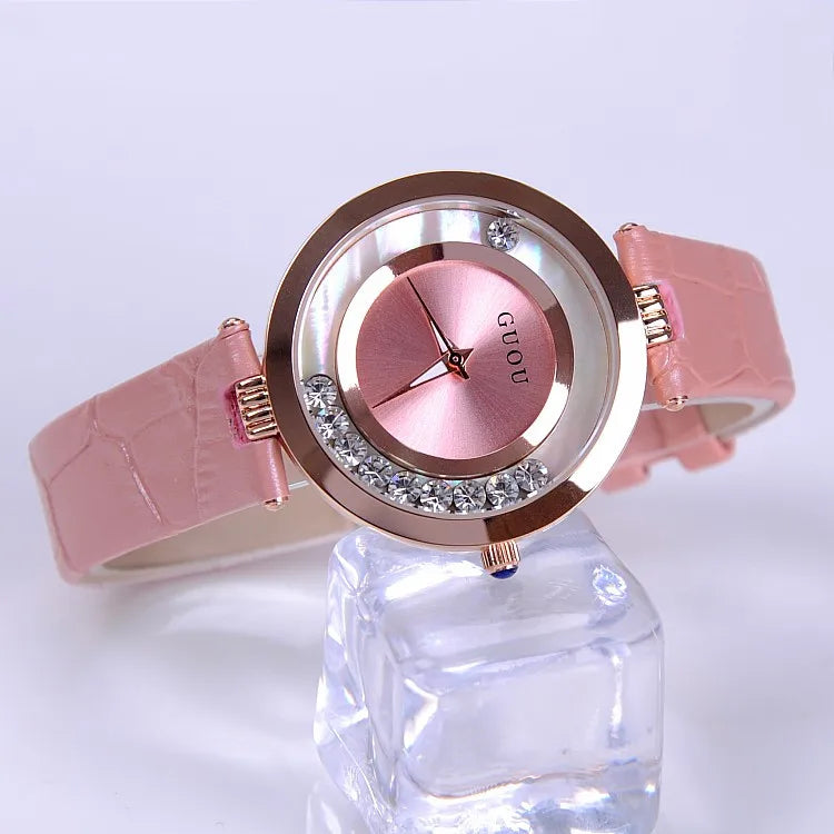 Fashion GUOU Brand Women Rolling Drill Dress Watches Luxury Quicksand Casual Clock Genuine Leather Rhinestone Lady Wrist Watches