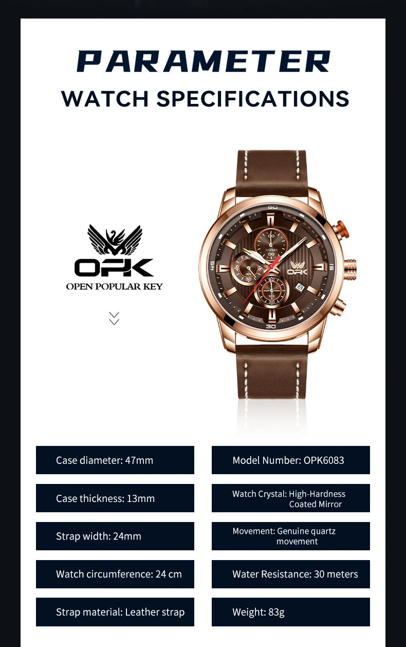 OPK 6083 Classic Quartz Watch for Men Waterproof Sport Men's Watches Fashion Leather Strap Luminous Business Male Wristwatches