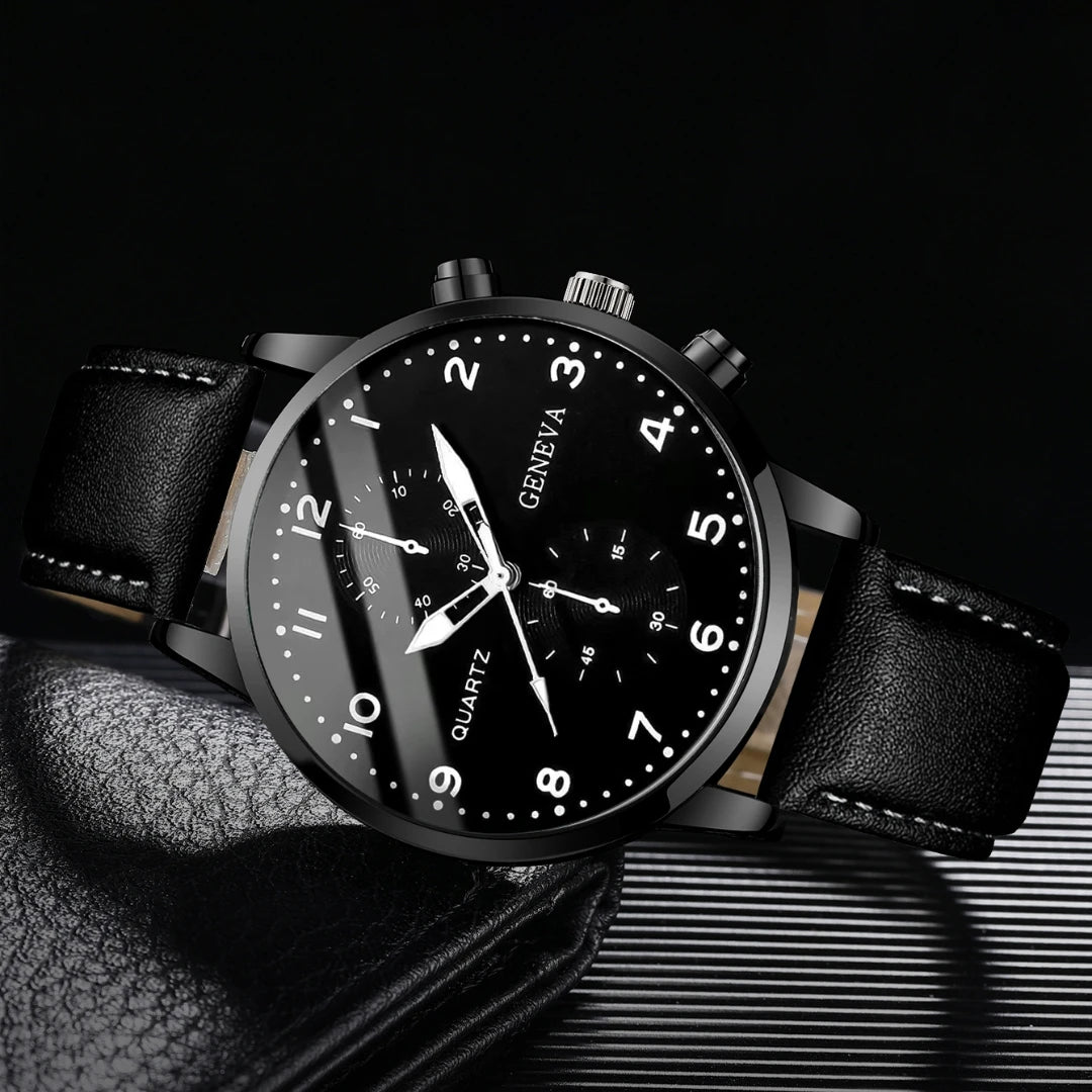 5PCS/Set Men's Watch Fashion Arabic Dial Analog Quartz Watches Vintage Leather Bracelets Set（Without Box）