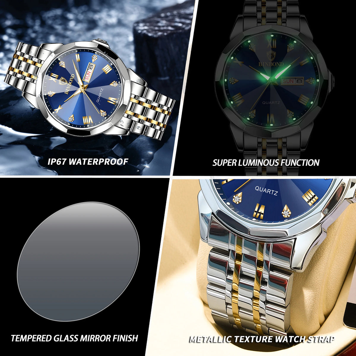 BINBOND Quartz Wristwatches For Men Luminous Waterproof Men's Watch Stainless Steel Original Reloj Para Hombre Todo +Box