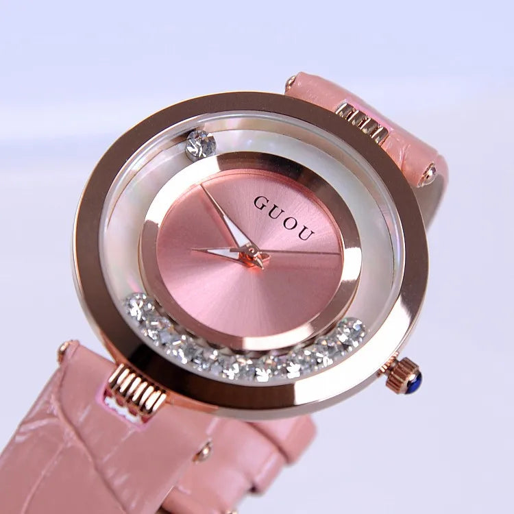 Fashion GUOU Brand Women Rolling Drill Dress Watches Luxury Quicksand Casual Clock Genuine Leather Rhinestone Lady Wrist Watches